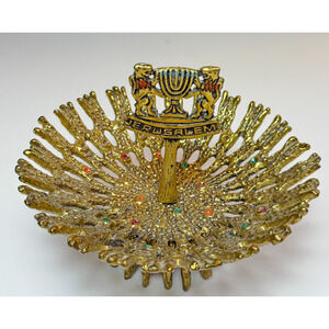 Vintage Brutalist Brass Jerusalem Israel Nut Candy Pedestal Bowl Enamel MCM Mod